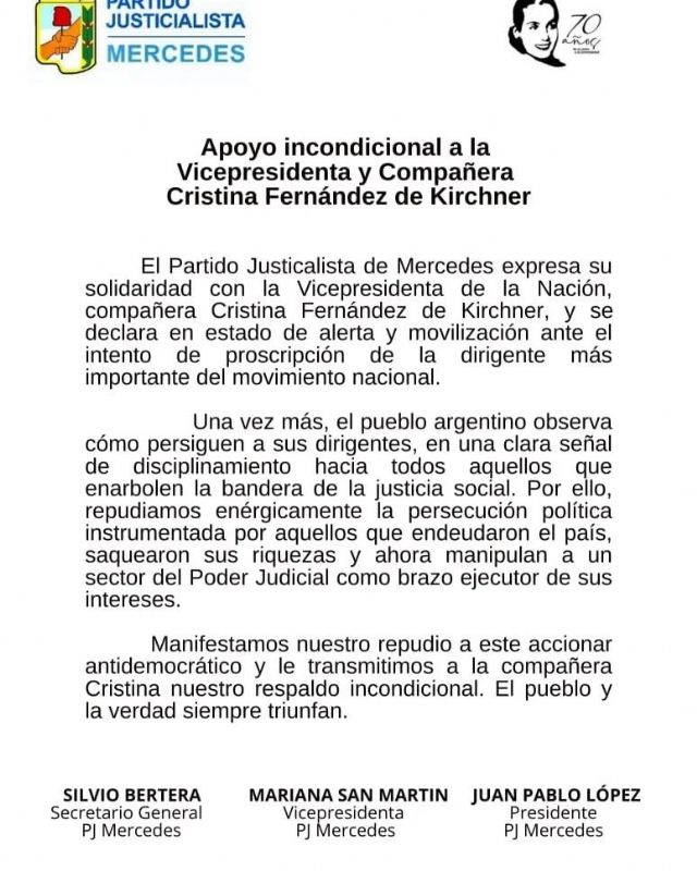 En Mercedes hubo fuertes muestras de apoyo a Cristina Fernández