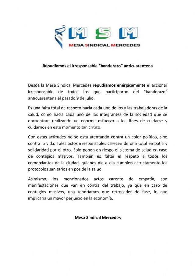 Mesa Sindical Mercedes: “Repudiamos el irresponsable banderazo anticuarentena”