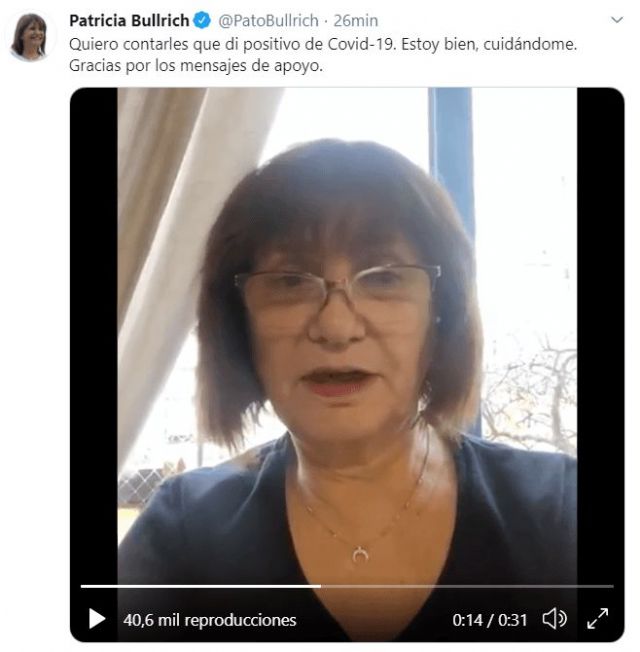 Patricia Bullrich tiene coronavirus: “En algún lugar me lo pesqué”