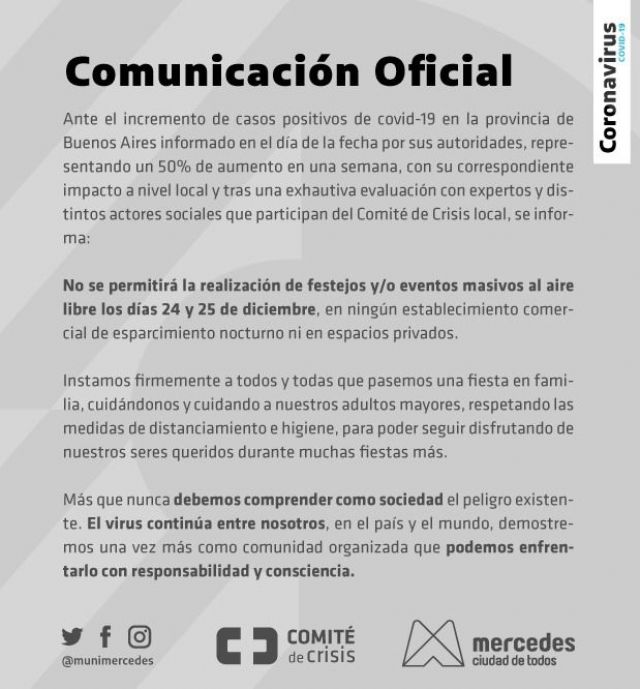 Comunicado oficial: se suspendieron las fiestas en Mercedes