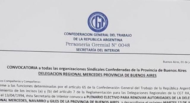 La CGT convoca a un Plenario para renovar las autoridades en la Regional Mercedes - Navarro - Giles