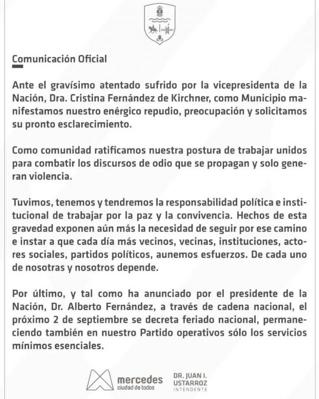 Comunicado oficial del municipio de Mercedes por el atentado sufrido ayer contra la vicepresidenta Cristina Fernández de Kirchner