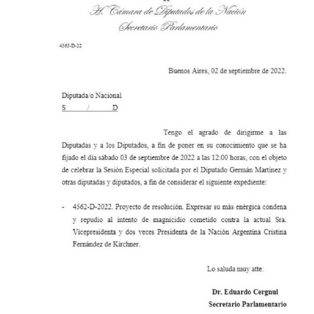 Diputados realizarán Sesión especial en repudio al intento de asesinato a la vicepresidenta Cristina Fernández de Kirchner