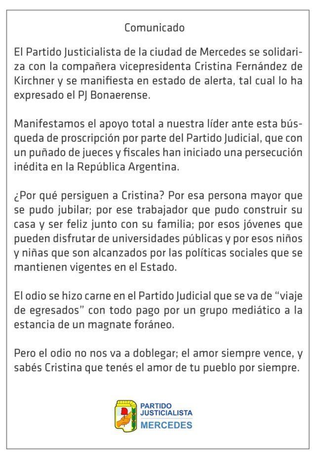 El PJ local se solidariza con Cristina Kirchner tras su condena