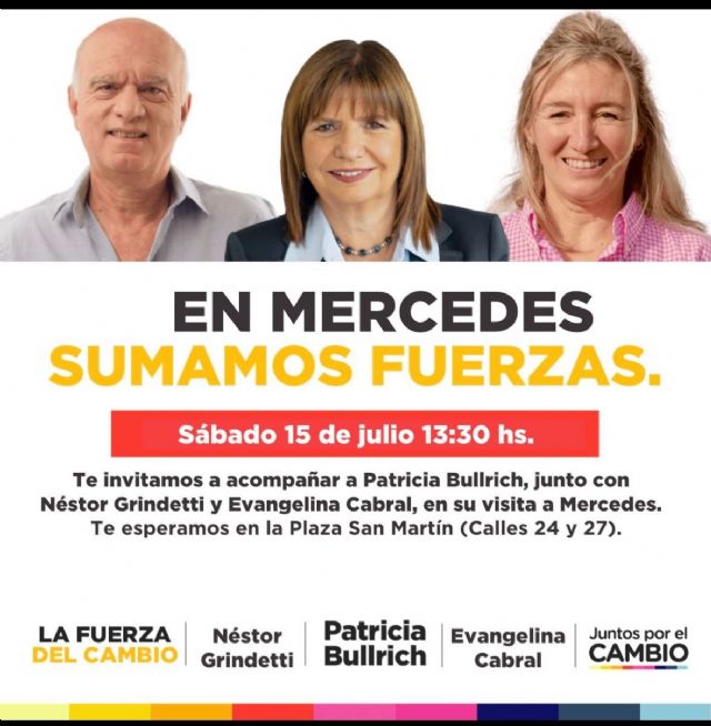 Patricia Bullrich y Grindetti llegan hoy a Mercedes: nuevo horario