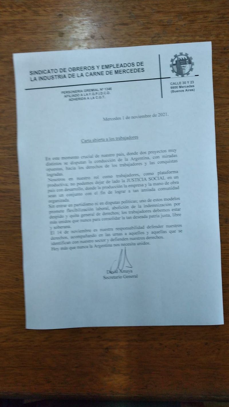 Sindicato de la carne: carta abierta a los trabajadores