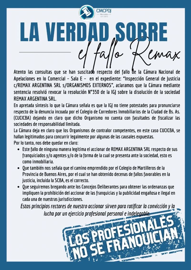 Aclaratoria desde el Colegio de Martilleros de Mercedes sobre el fallo de la justicia sobre la franquicia Remax
