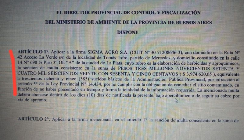 Incendio en La Verde: el Ministerio de Ambiente de la Provincia sancionó con una multa a la empresa Sigma Agro S.A.