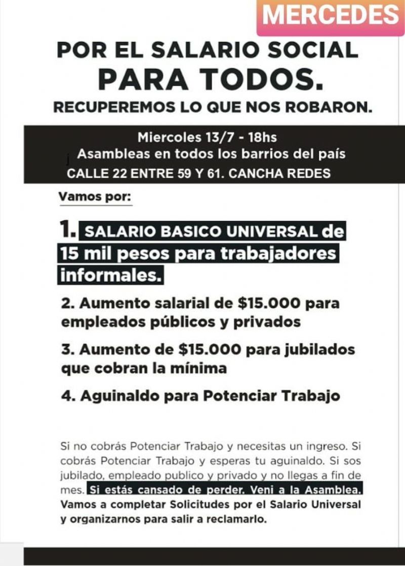 Desde el MTE lanzan convocatoria a asambleas en Mercedes y Gowland por el Salario Social para Todos.