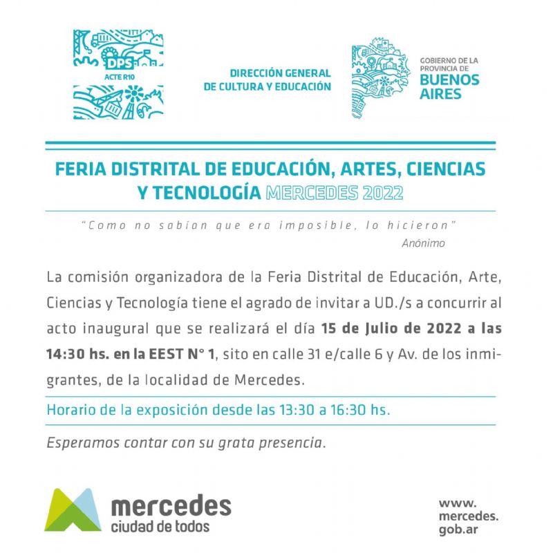 Se desarrollará la Feria Distrital de Educación, Arte, Ciencia y Tecnología en Mercedes