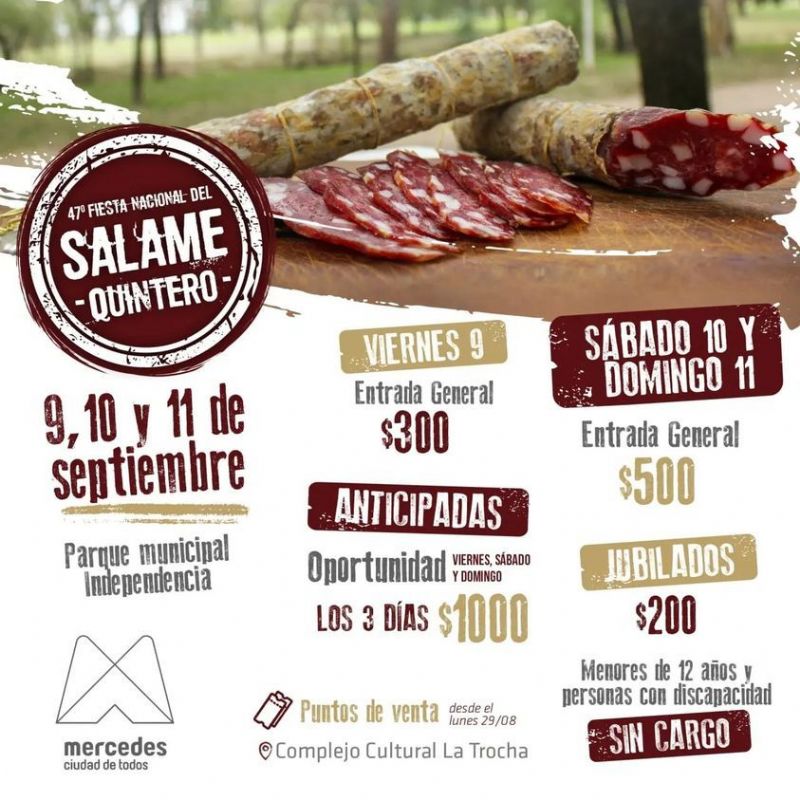 Fiesta Nacional del Salame Quintero Mercedino 2022: Ya están disponibles las entradas y los valores para los 3 días