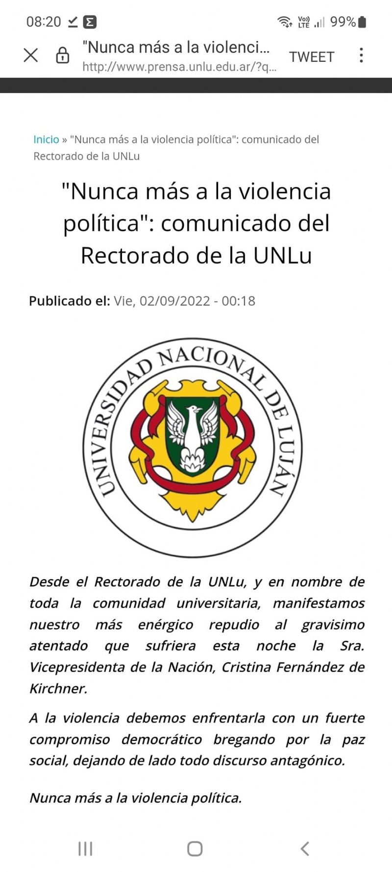 La UNLu presentó la convocatoria al programa PICTO Redes y el repudio al atentado a la vicepresidenta