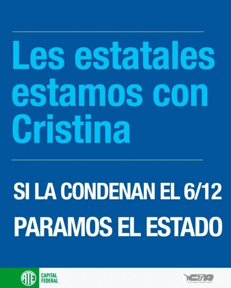 ATE sospecha que Cristina será condenada y convocó a “parar el Estado” el día de la sentencia