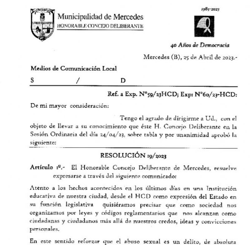 El HCD de Mercedes emite comunicado resolución 19/2023 sobre situación en Colegio Parroquial
