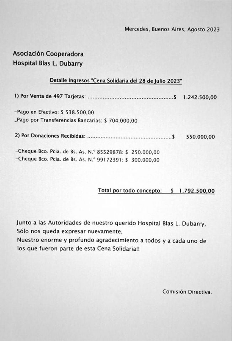 La Cena Solidaria dejó poco más de un millón y medio de pesos para la Cooperadora del Hospital