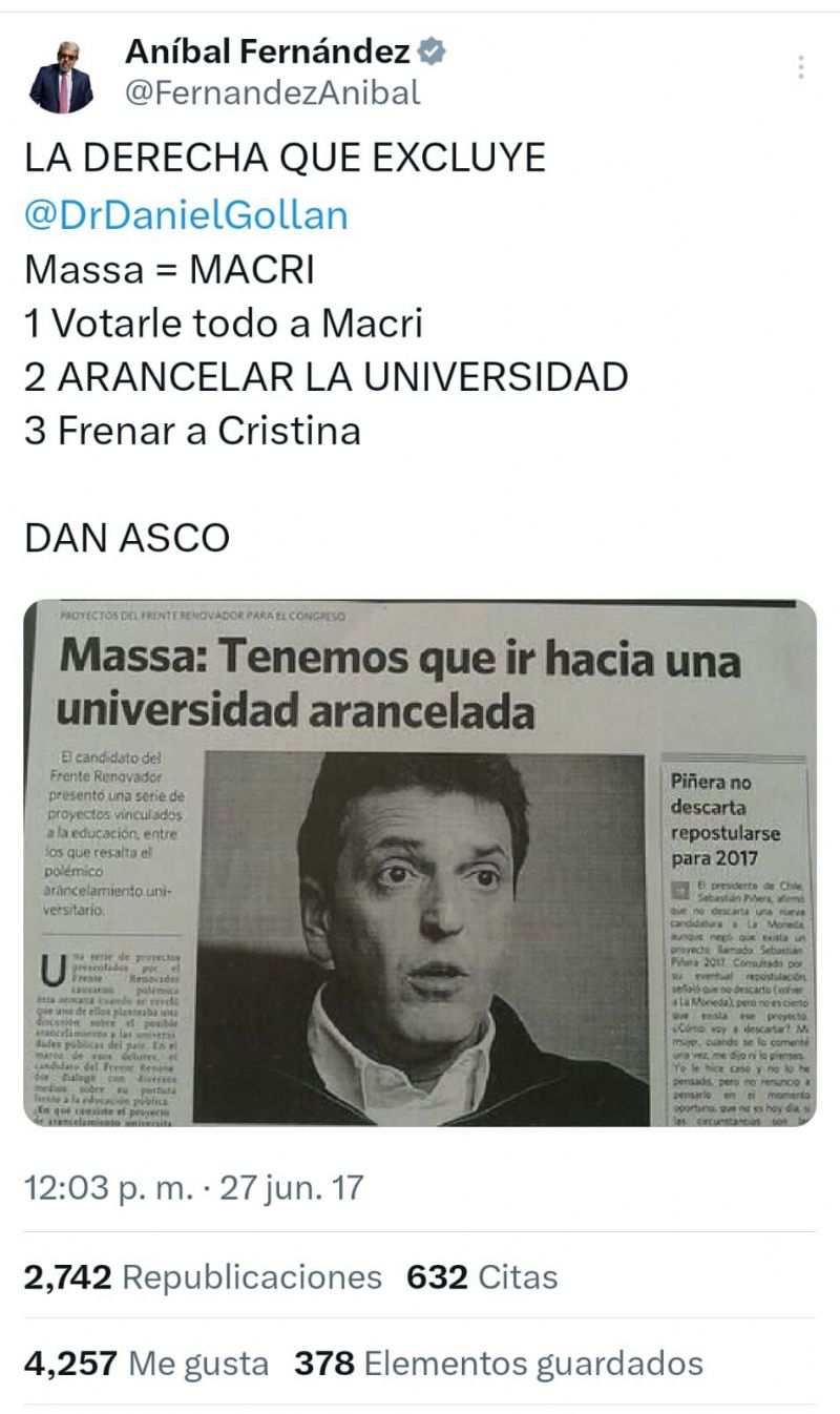Massa también quiso privatizar las universidades y Aníbal Fernández lo chicaneó en 2017